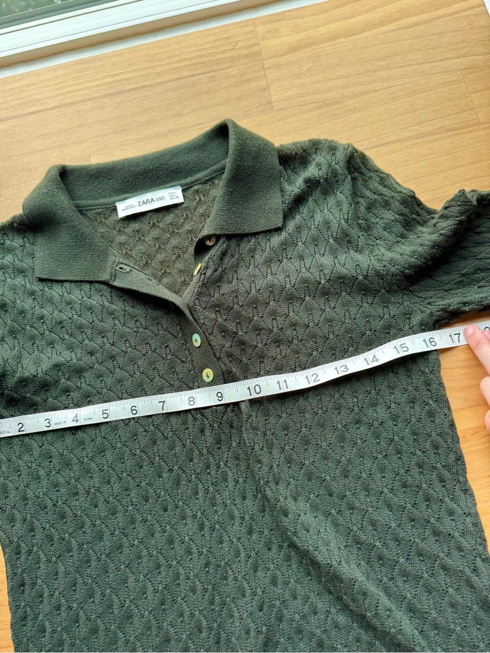 Zara Dark Olive Forest Green Polo Knit Sweater Semi-Sheer Lightweight Academia - Picture 8 of 9